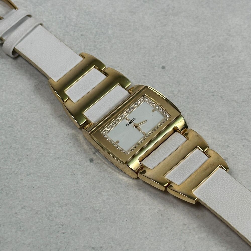 Chicos Watch Womens 34mm White Band Gold Tone Modern Classic Quartz New Battery